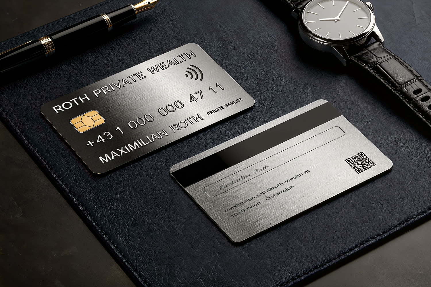 Visitenkarte Konzept Roth Private Wealth im Stil einer Metall-Kreditkarte mit Chip und Magnetstreifen