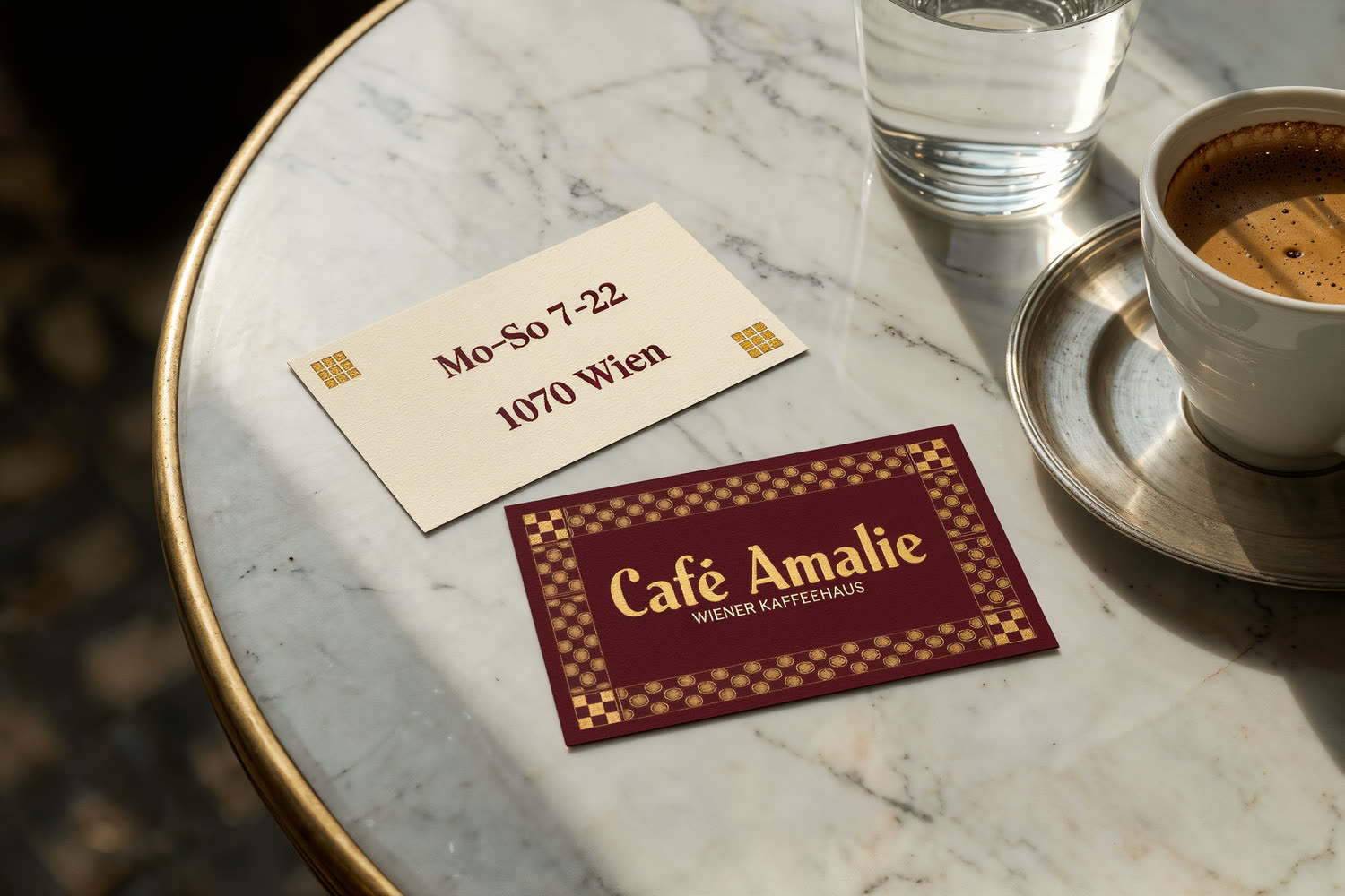 Visitenkarte Konzept Café Amalie: bordeauxrot mit goldenem Secessions-Ornament, Rückseite Letterpress auf Elfenbein